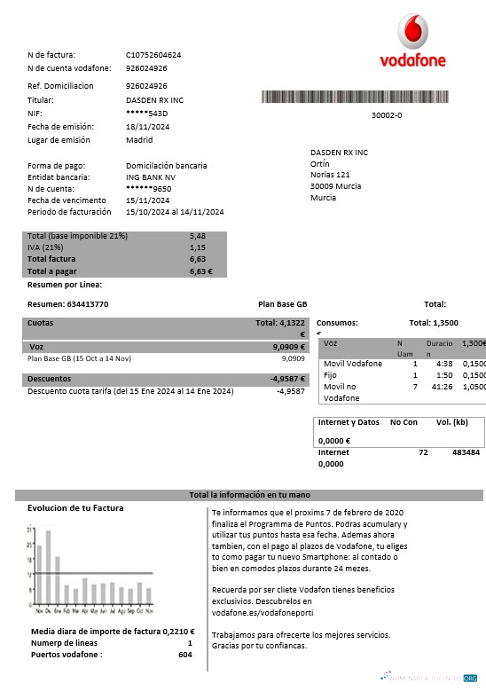 Spain Vodafone telecommunications business utility bill template in Word and PDF formats